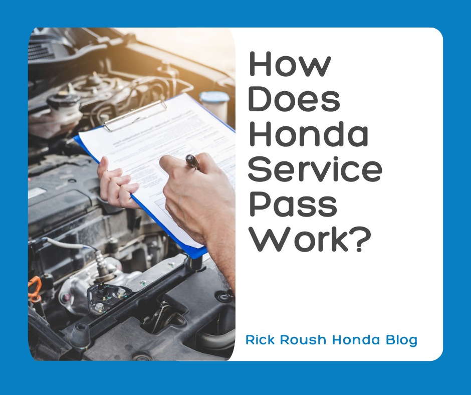 A graphic containing a photo of someone completing a car inspection on a clipboard and the text: How Does Honda Service Pass Work? - Rick Roush Honda Blog