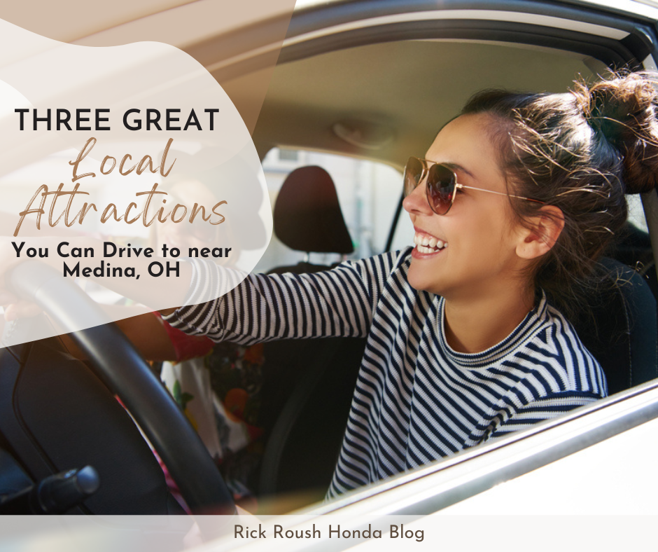 A graphic with a photo of smiling women in a car and the text: Three Great Local Attractions You Can Drive to near Medina, OH