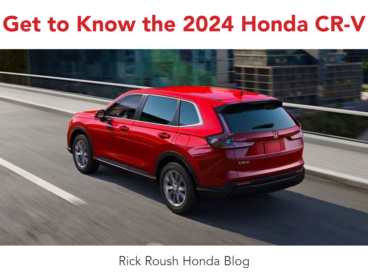 A graphic containing a photo of a red 2024 Honda CR-V and the text: Get to Know the 2024 Honda CR-V - Rick Roush Honda Blog