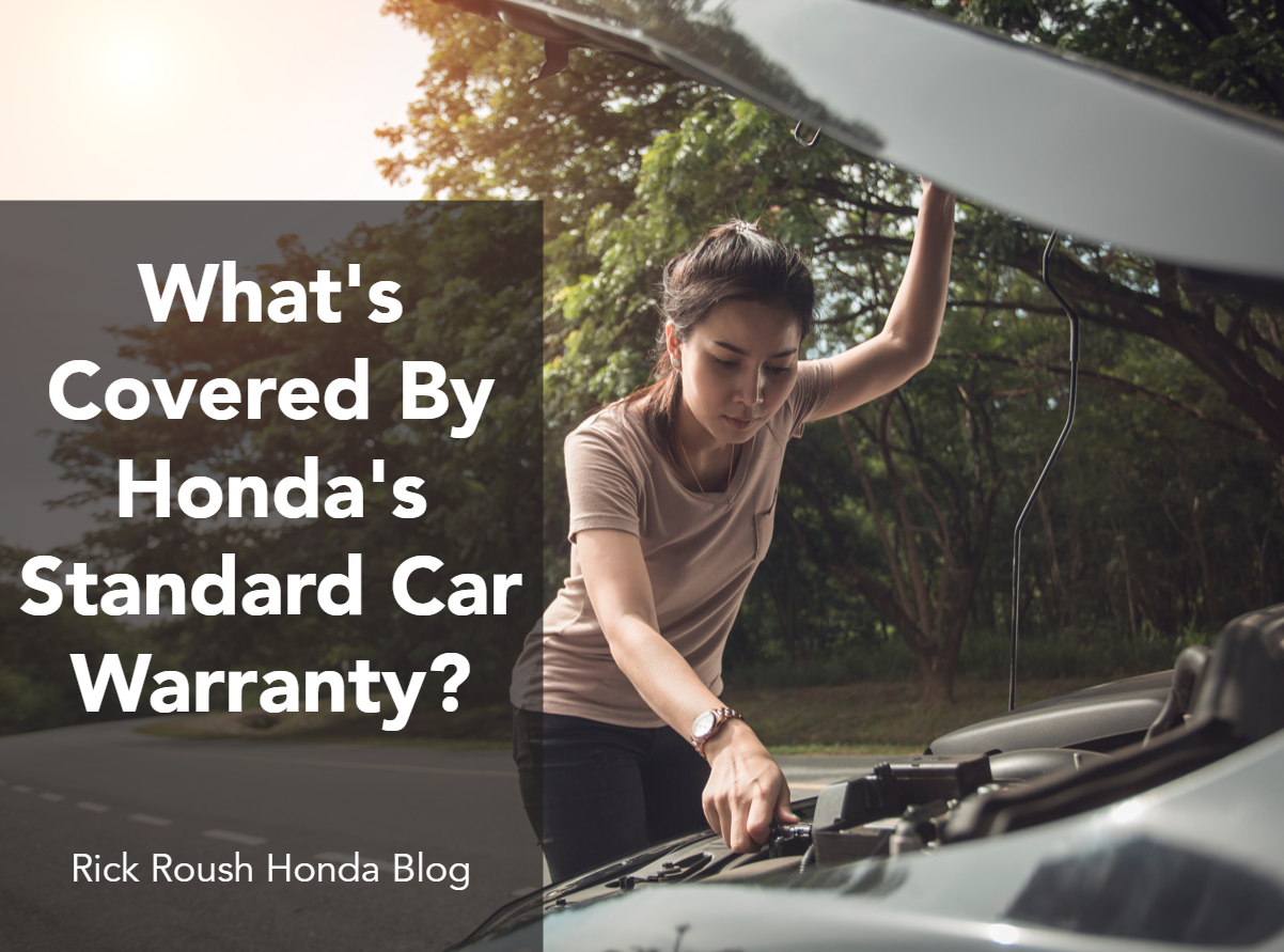 A graphic containing a photo of a woman looking under the hood of her car on the side of the road, and the text: What's Covered By Honda's Standard Car Warranty?